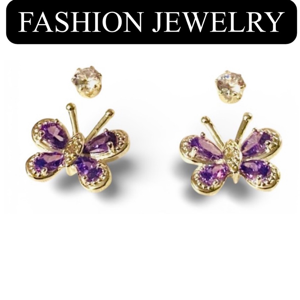 3J: 2 Pc: RADIANCE Earrings: 1 Purple & Butterfly & 1 Pair: Stud, NIB